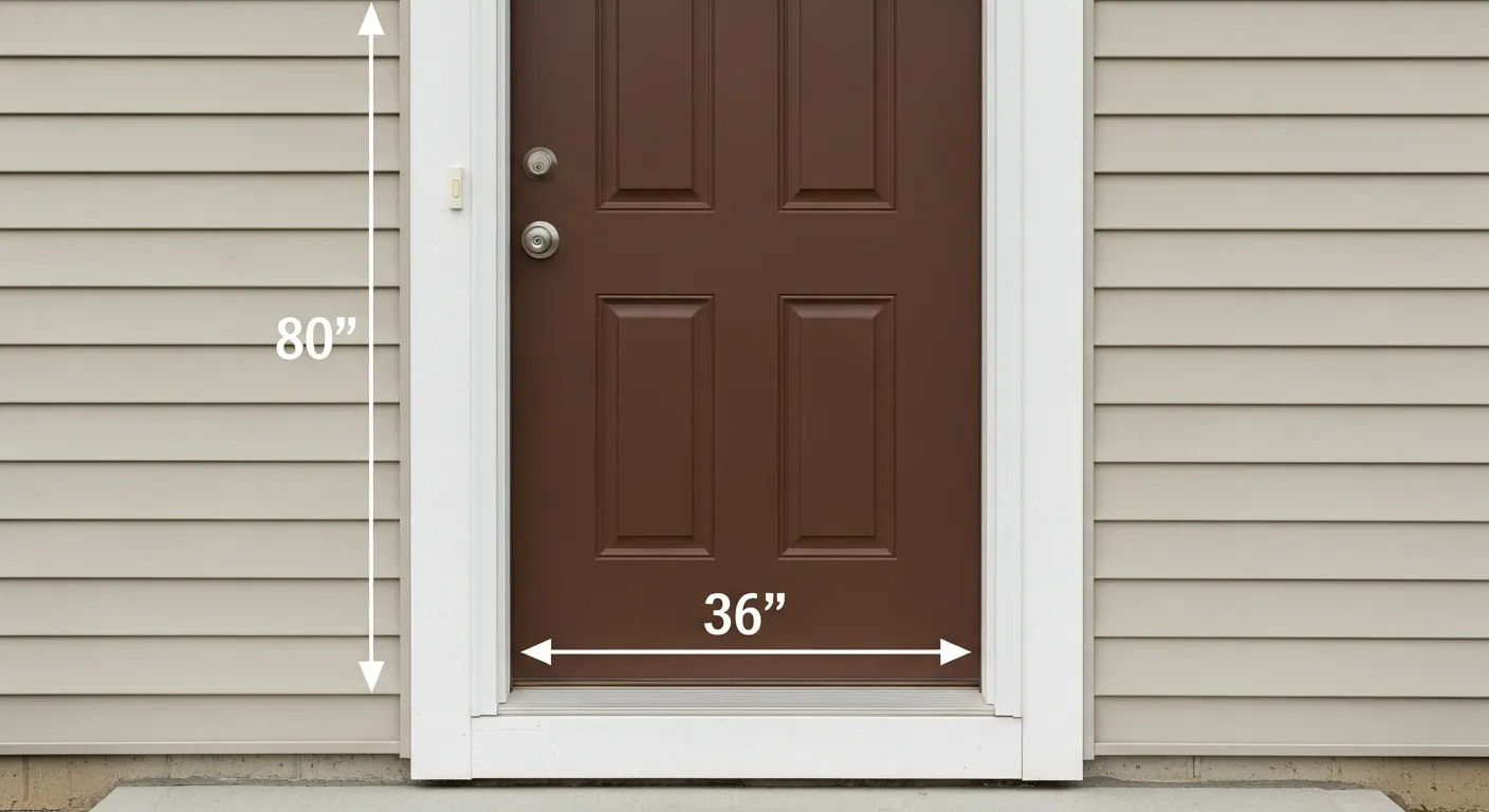 A Long Standard Brown Six-panel Exterior Door With a Brushed Nickel Doorknob and Deadbolt