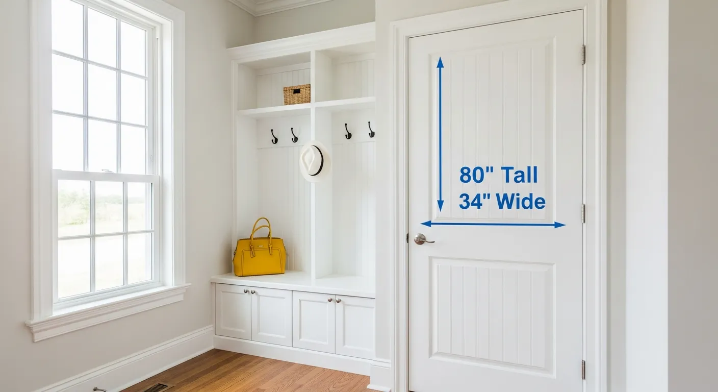 A White Built-in Entryway Organizer With Coat Hooks, a Shelf Holding a Yellow Handbag and a White Hat