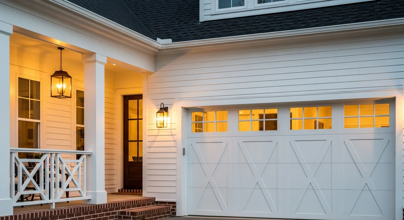 A Pristine White Double Garage Door With X-patterned Panels and Rectangular Windows is Centered
