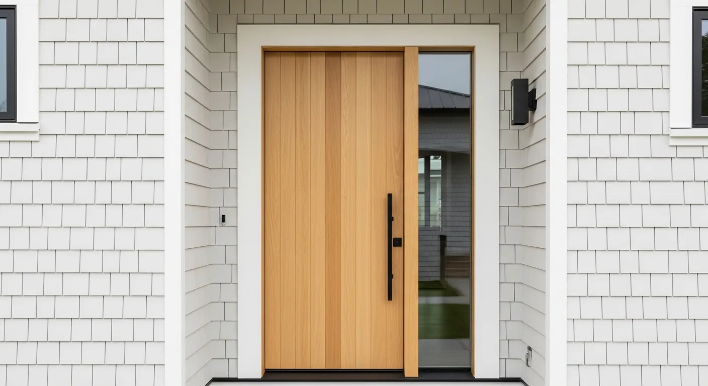 A Light Wood Door With a Sleek Black Vertical Pull Handle and a Clear Glass Sidelight, All Framed by Crisp White Trim