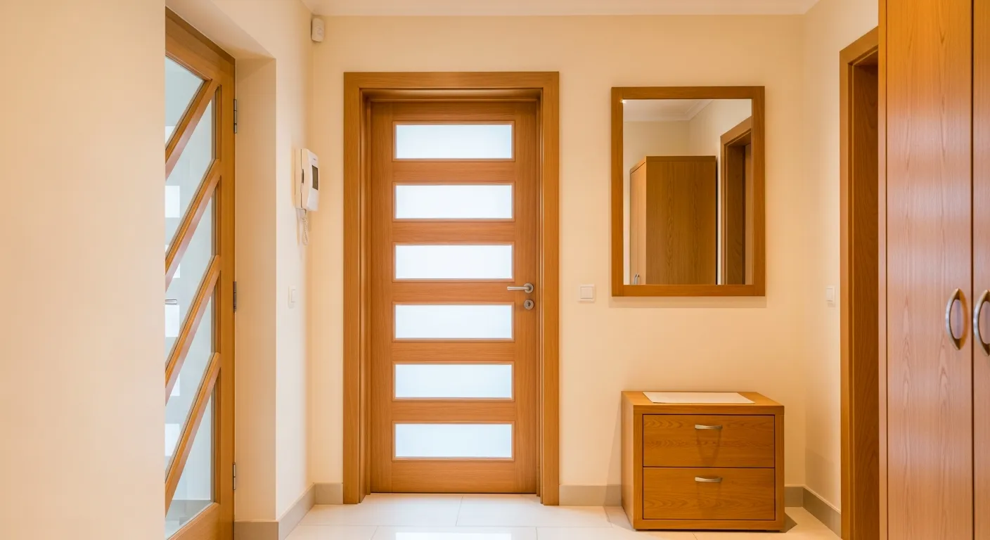 A Central Light Wood Door With Horizontal Frosted Glass Panels