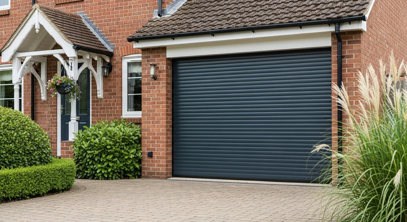 Modern Dark Charcoal Grey Roller Garage Door, Composed of Horizontal Slats
