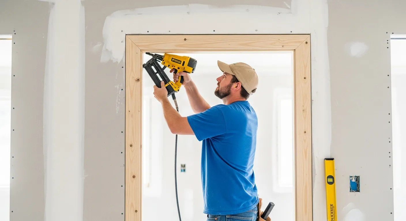 A Construction Worker,  Actively Installing a Wooden Door Frame With a Yellow Nail Gun