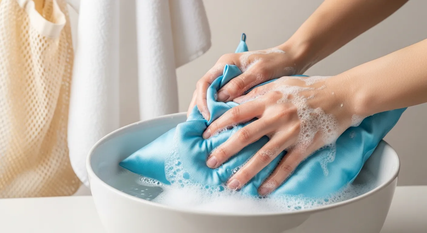 A Person Gently Handwashing a Luxurious Light Blue Pillow in a Big White Ceramic Bowl Filled With Clear, Soapy Water