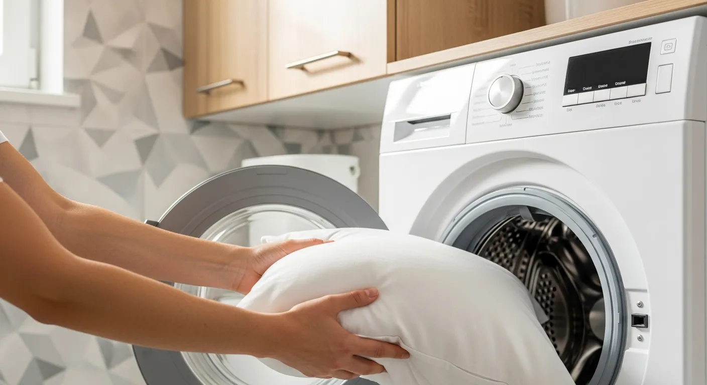 A Person's Hands Gently Place a Clean White Pillow Into the Open Drum of a Modern White Front-loading Washing Machine