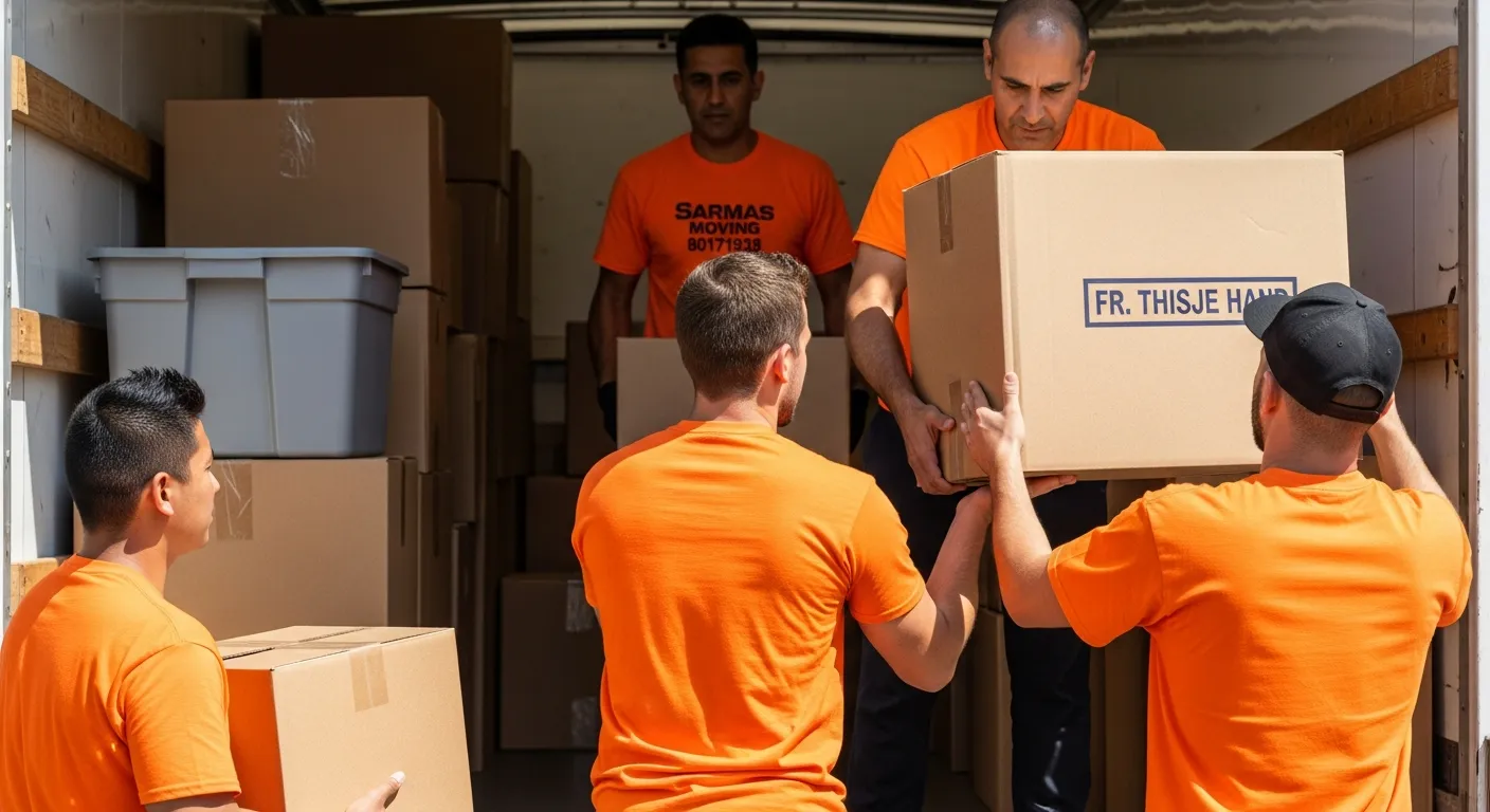 Four Professional Movers in Bright Orange T-shirts Diligently Loading Cardboard Boxes