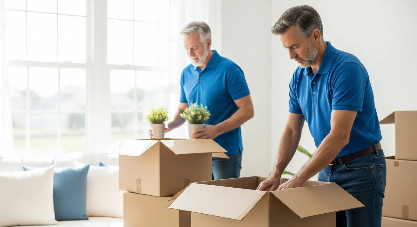  Two Men Are Actively Packing Moving Boxes in a Well-lit, Modern Living Room