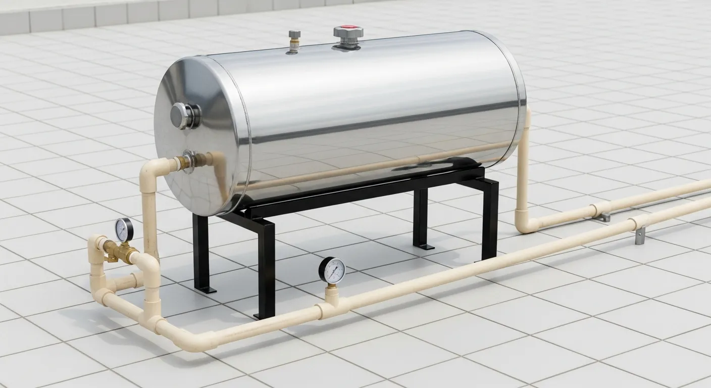 A Horizontal Water Heater Tank Made of Reflective Stainless Steel, Resting on a Black Metal Stand