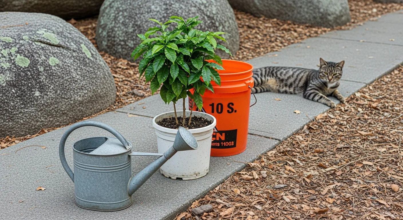 The Watering Can, a Healthy, Vibrant Green Coffee Plant (Coffea Arabica) With Glossy Leaves is Planted in a Dirty White Plastic Pot