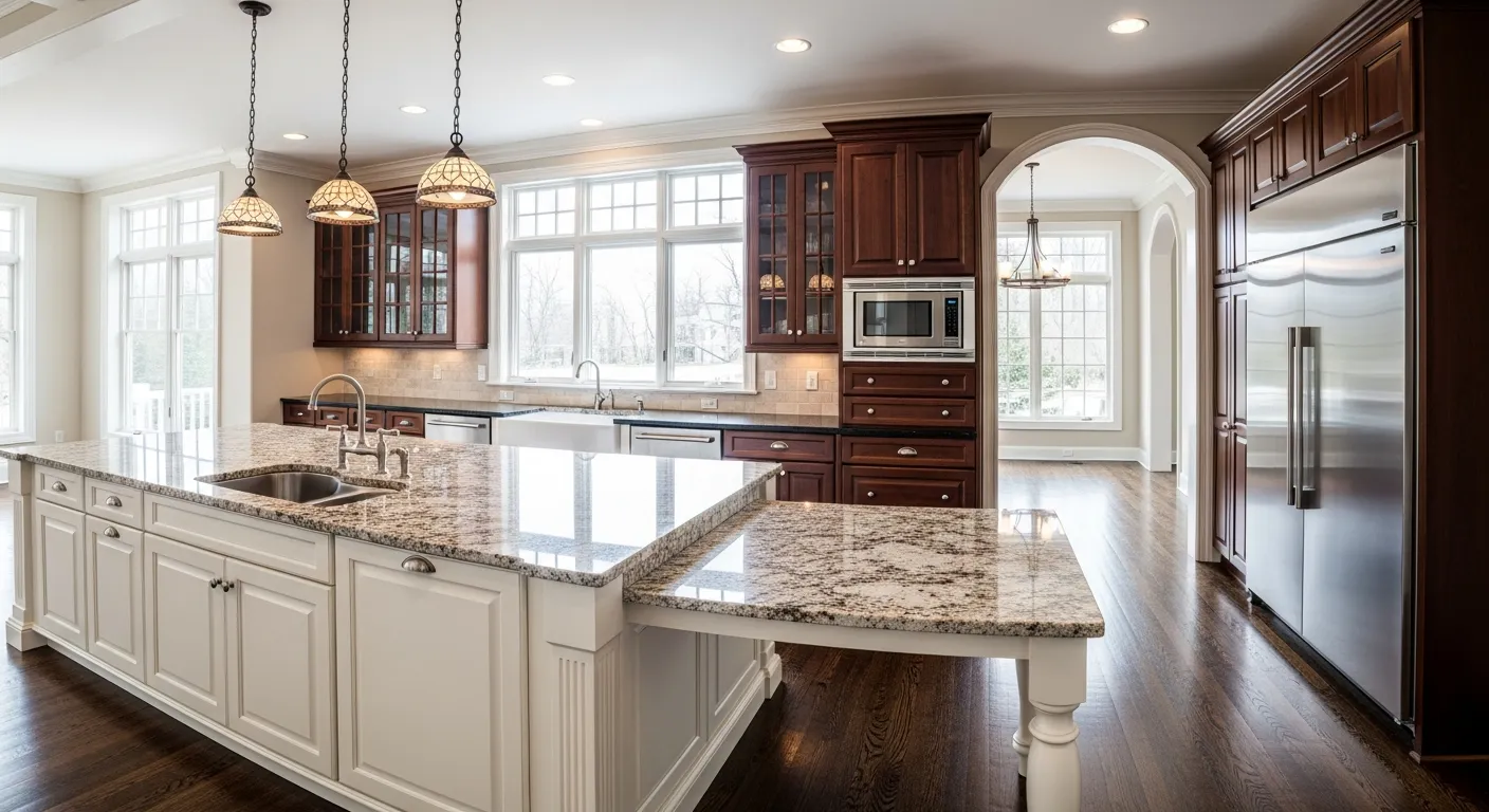  Substantial Kitchen Island With Creamy White Shaker-style Base Cabinetry With Speckled Beige and Brown Granite Countertop Extends Across the Top