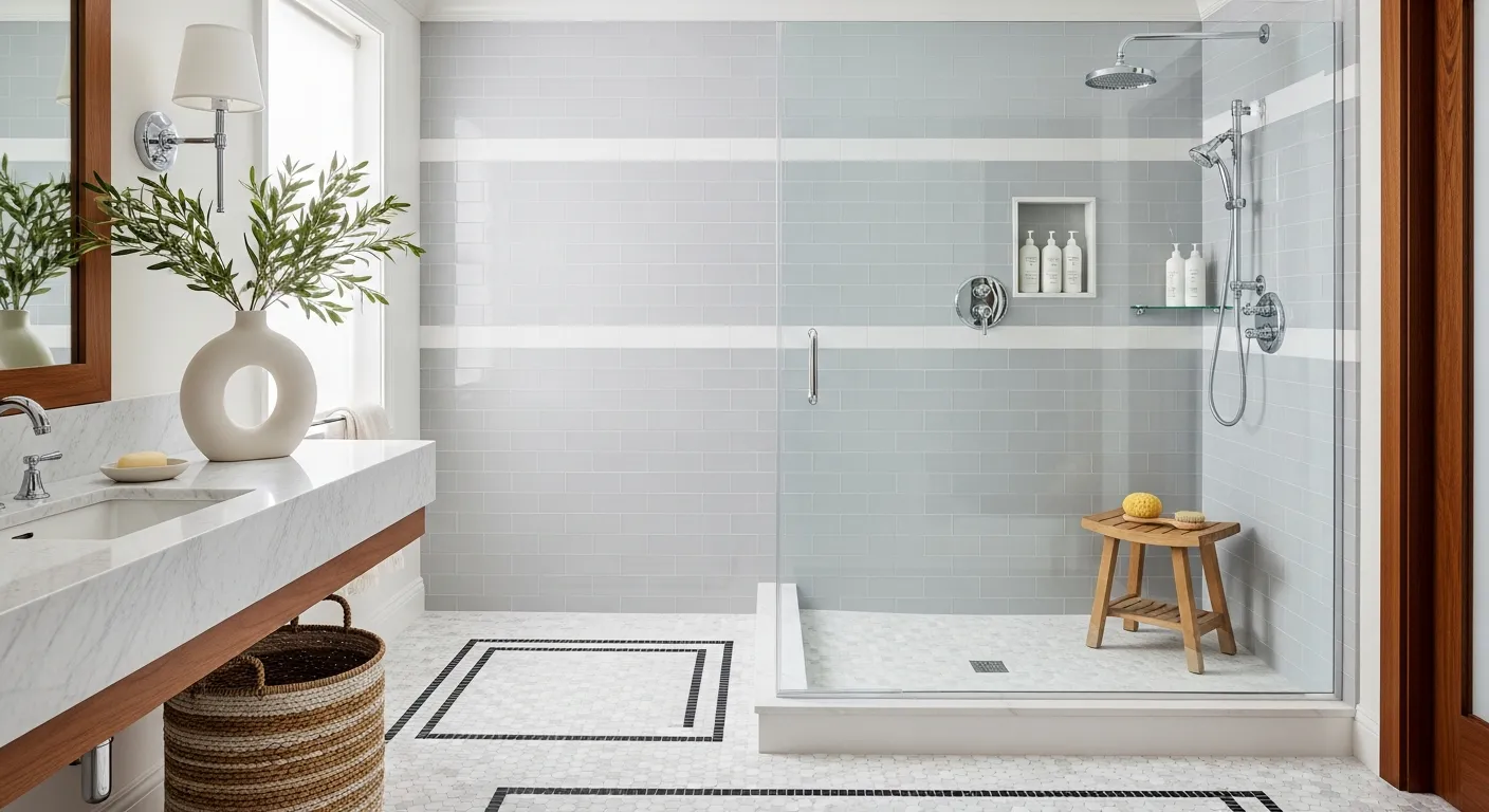 A Spacious Glass-enclosed Shower on the Right, Meticulously Separated From a Sleek Vanity Area