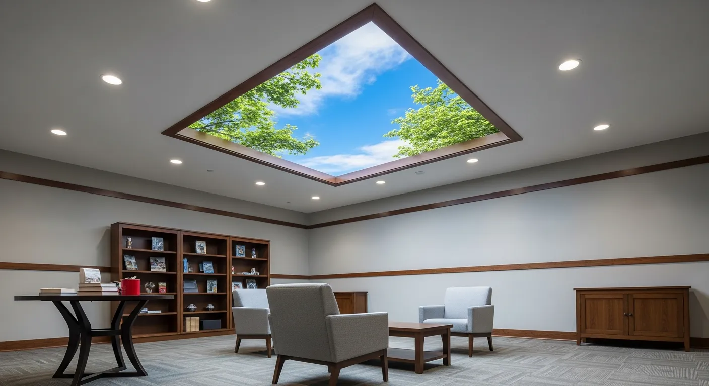 A Large, Rectangular False Skylight Set Into the White Ceiling, Framed by Dark Brown Wood
