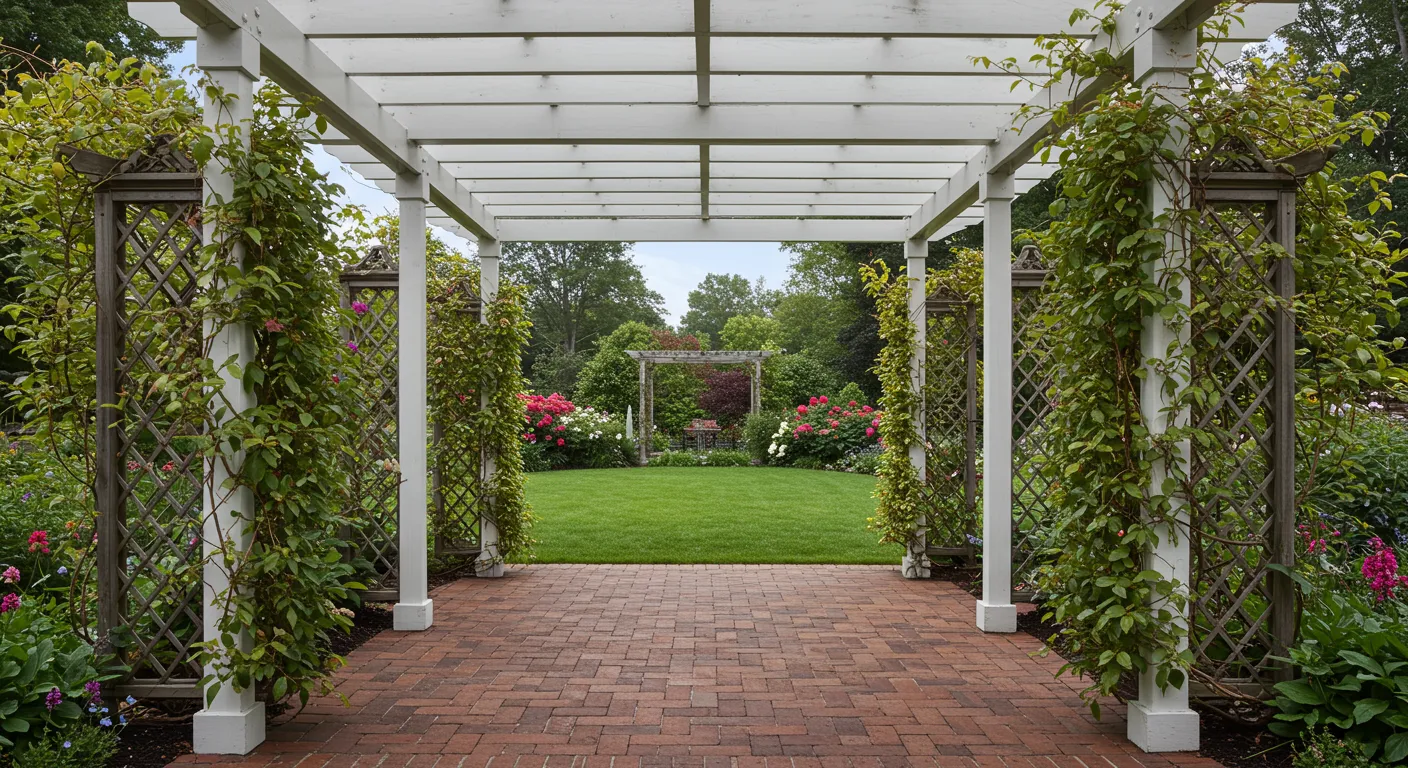 Symmetrical Brick Patio Framed by Trellises Topped With a White Pergola Symmetrical Brick Patio Framed by Trellises Topped With a White Pergola