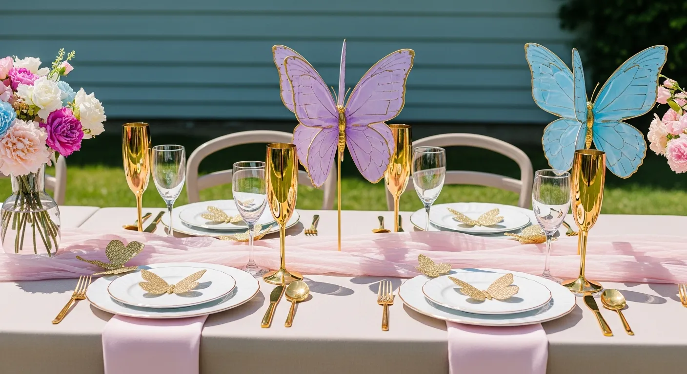White Plates With Gold Wavy Rims, Gold Glitter Butterflies, Tall Gold Champagne Flutes, and Gold Cutlery