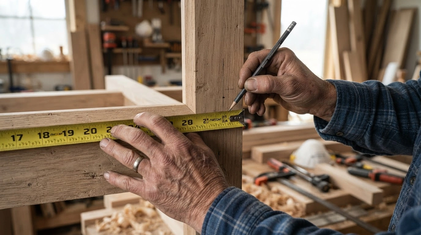 A Skilled Craftsperson's Hands Meticulously Measuring an Unfinished Oak Timber Door Frame