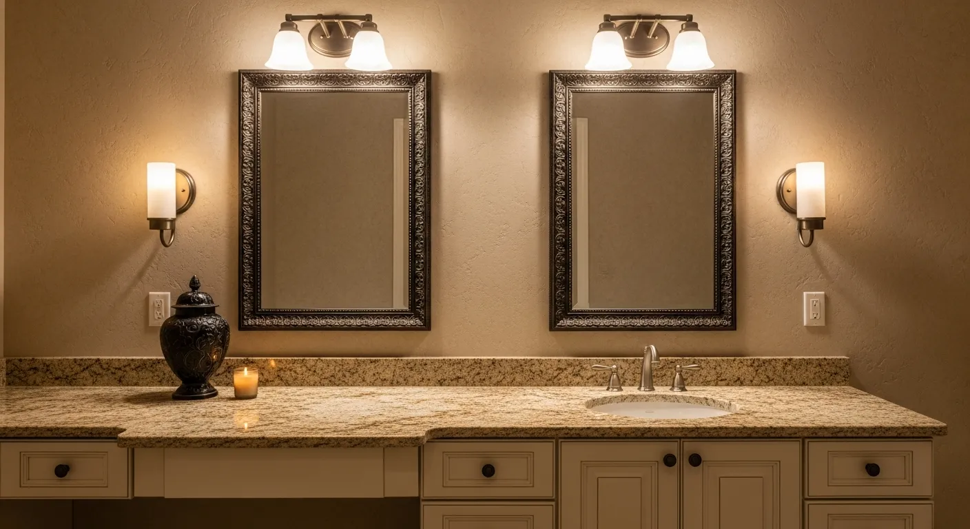 The Countertop, Made of Highly Polished Speckled Granite in Rich Tones Tan Extends Across the Entire Width of the Vanity
