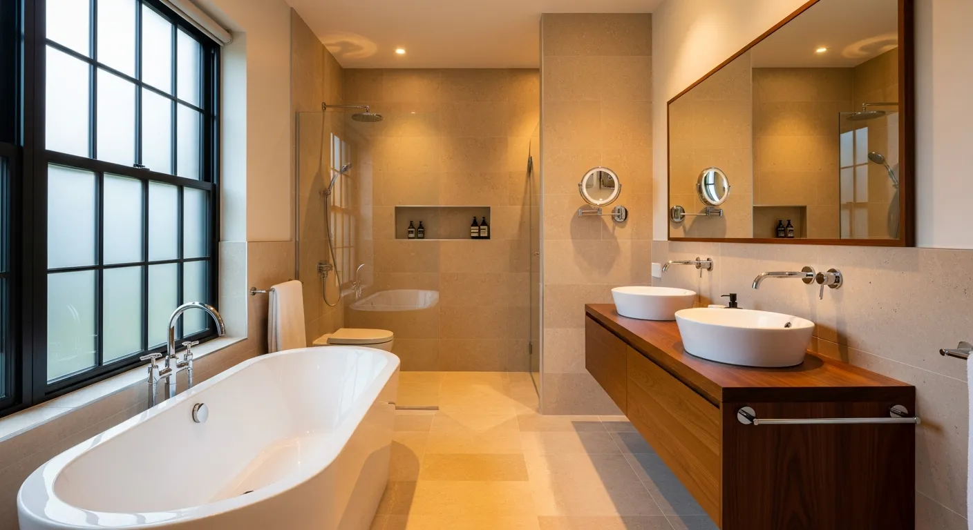A Floating Dark Wood Vanity Features Two White Vessel Sinks and a Large Mirror