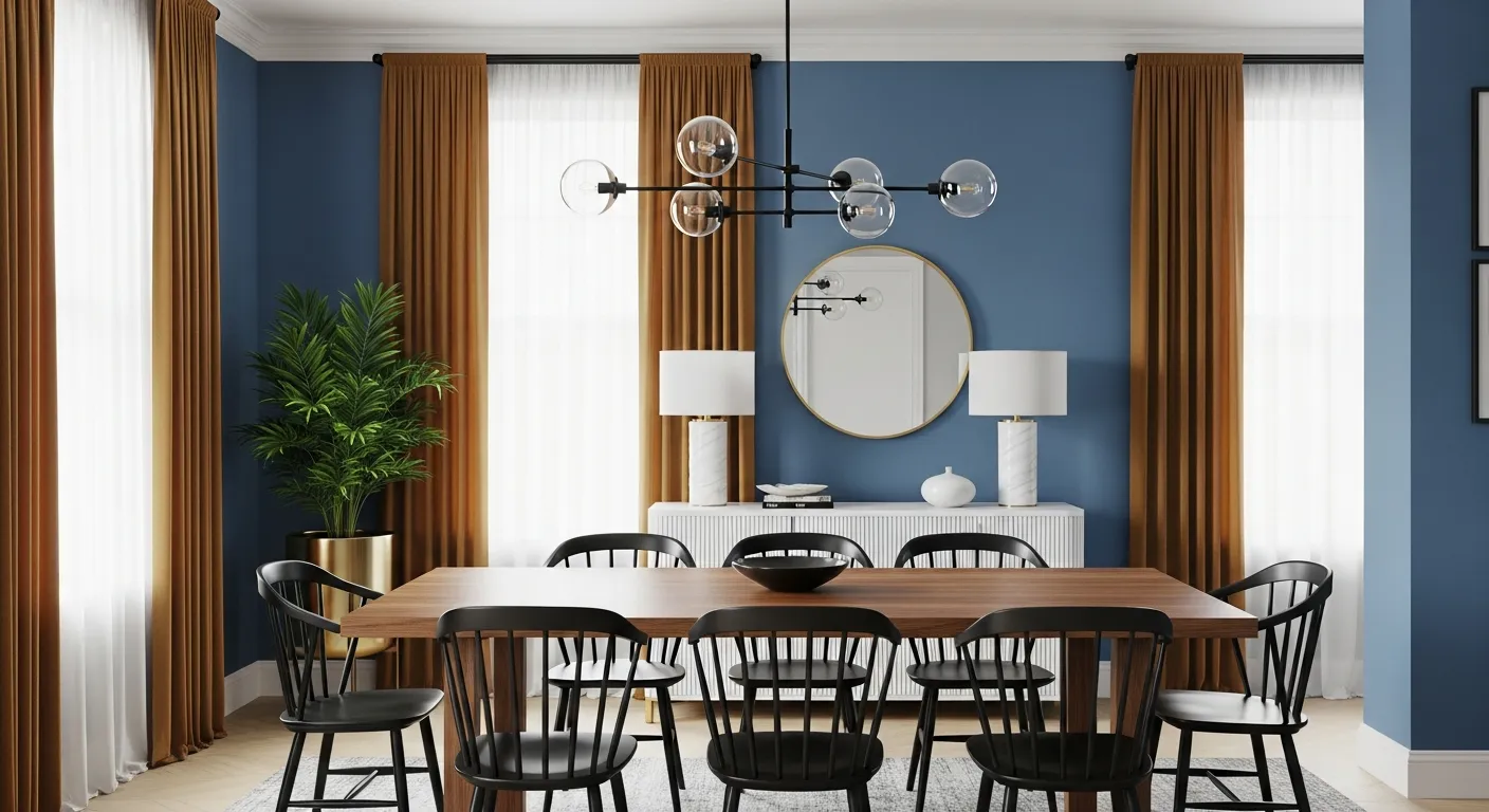 The Walls Are Painted Blue, a White Fluted Credenza Holds Two White Table Lamps
