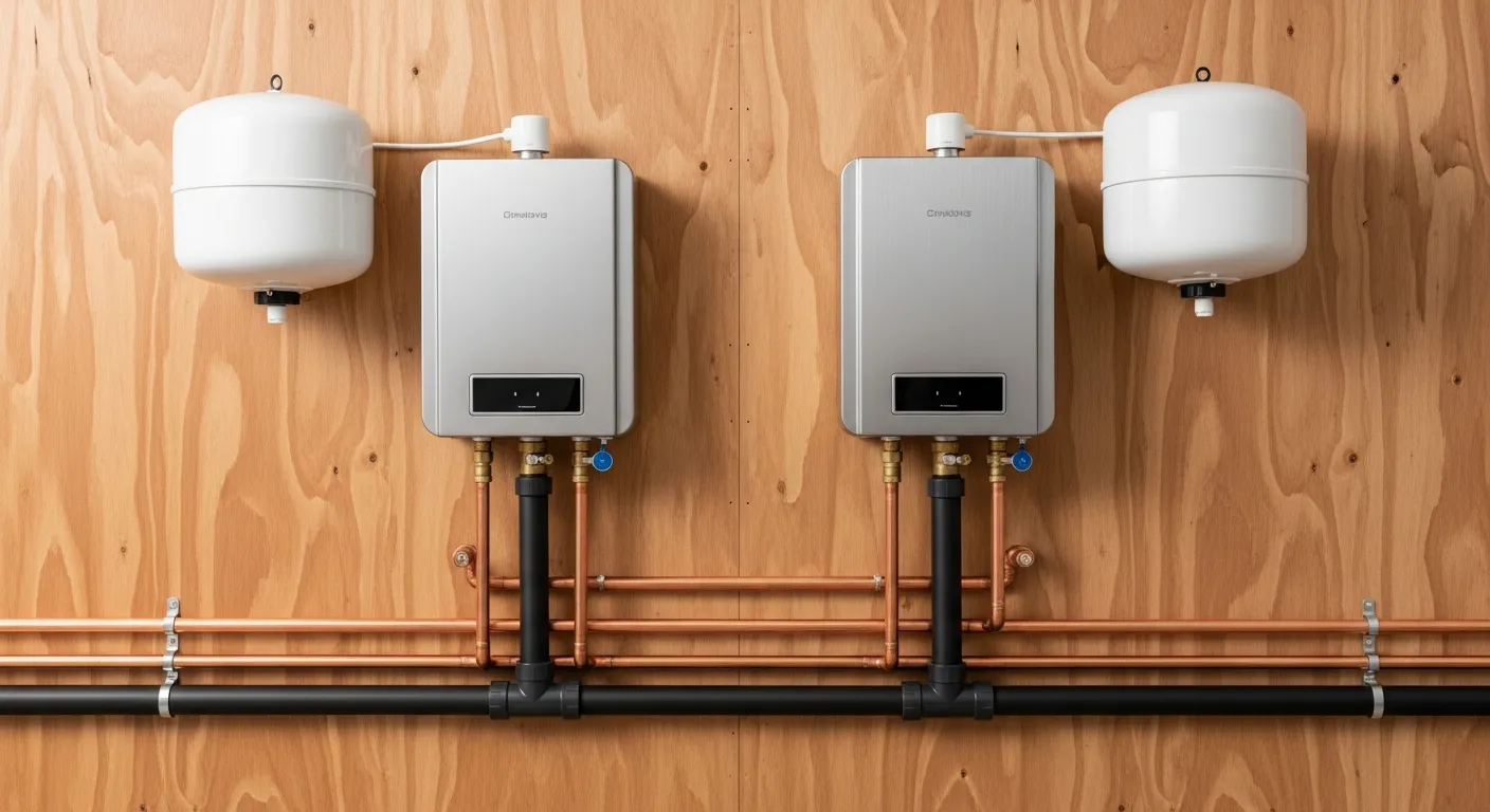 Two Modern, Sleek Silver Tankless Water Heaters, Symmetrically Mounted on a Light Brown Plywood Wall