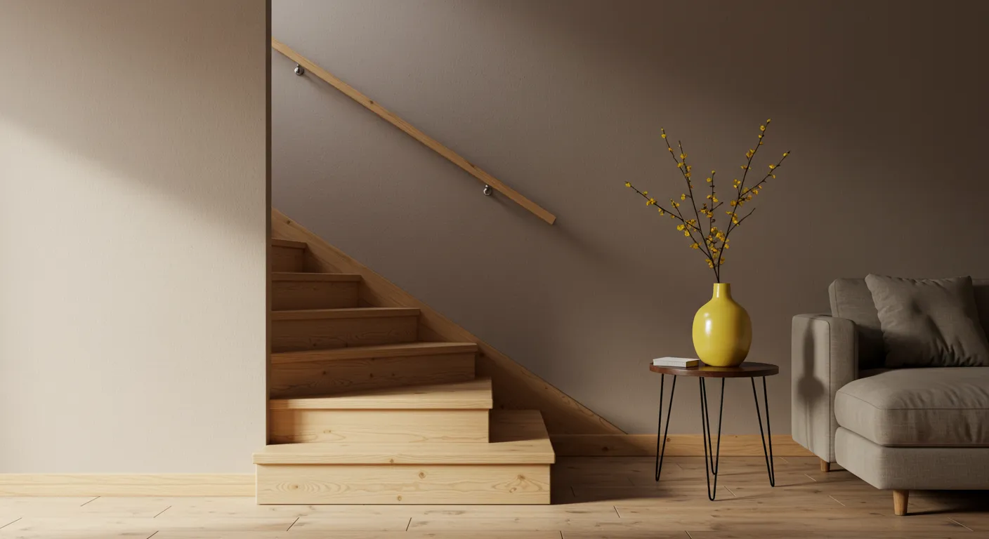 Taupe Walls Contrasted by Pine Wood Stairwell Steps Taupe Walls Contrasted by Pine Wood Stairwell Steps