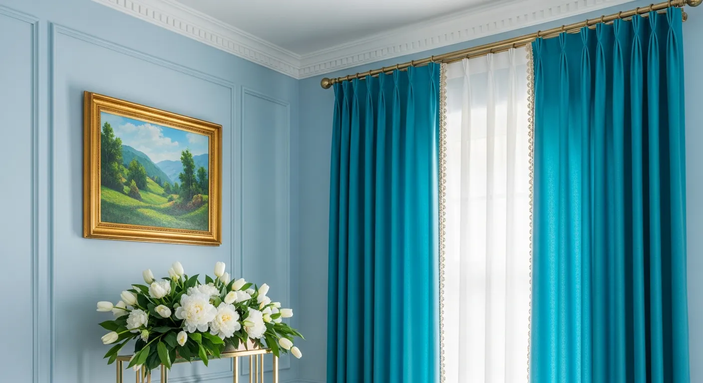 A Floor-length, Bright Teal Pleated Curtains, Adorned With Delicate White Lace Trim