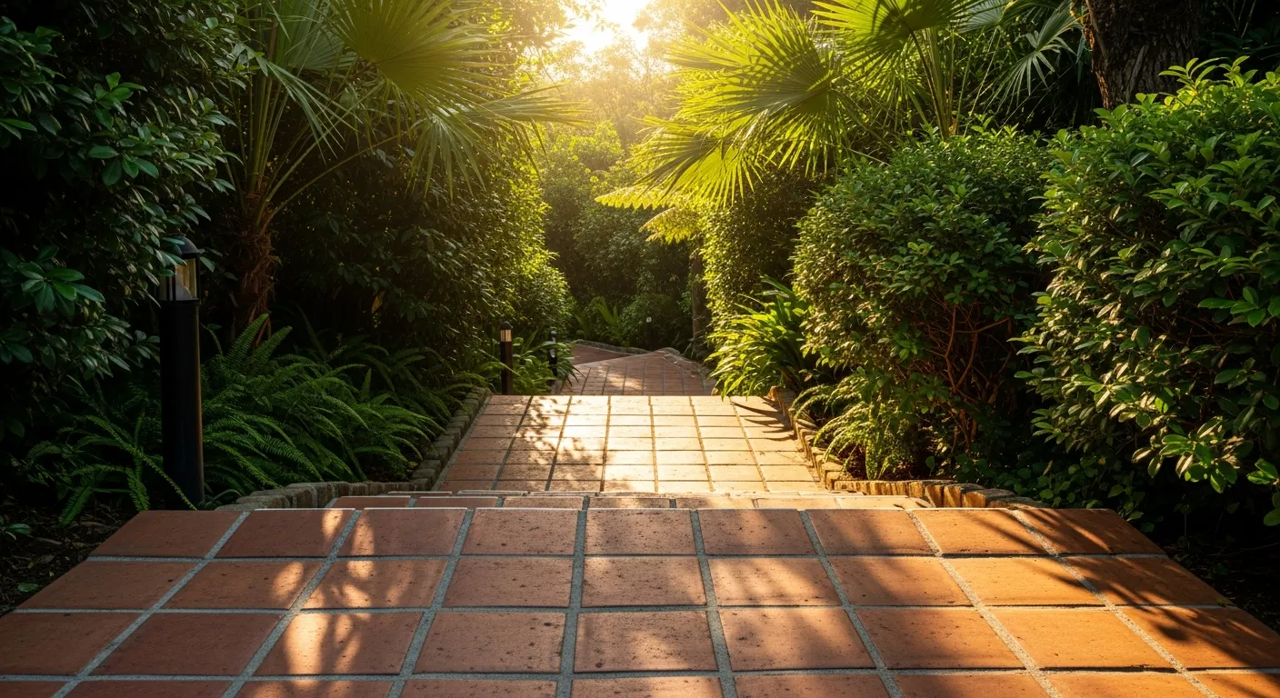 A Beautiful, Sun-drenched Pathway Made of Rustic Terracotta Square Tiles With Light Grout Lines