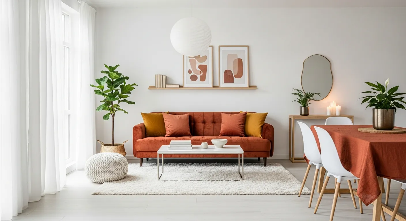 A Plush, Rust-colored Velvet-textured Sofa With Two Vibrant Terracotta and Mustard Square Throw Pillows