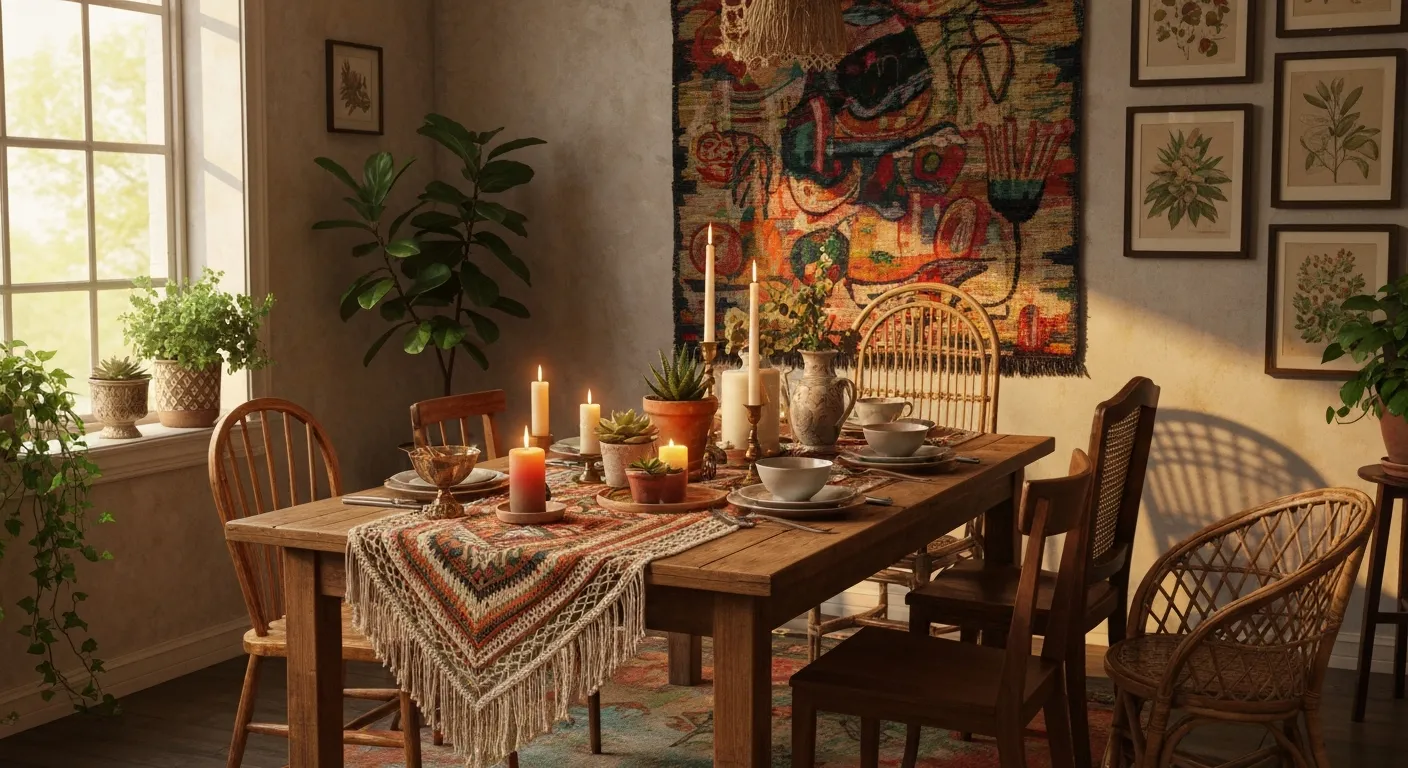 A Boho Styled Rustic Wooden Dining Table
