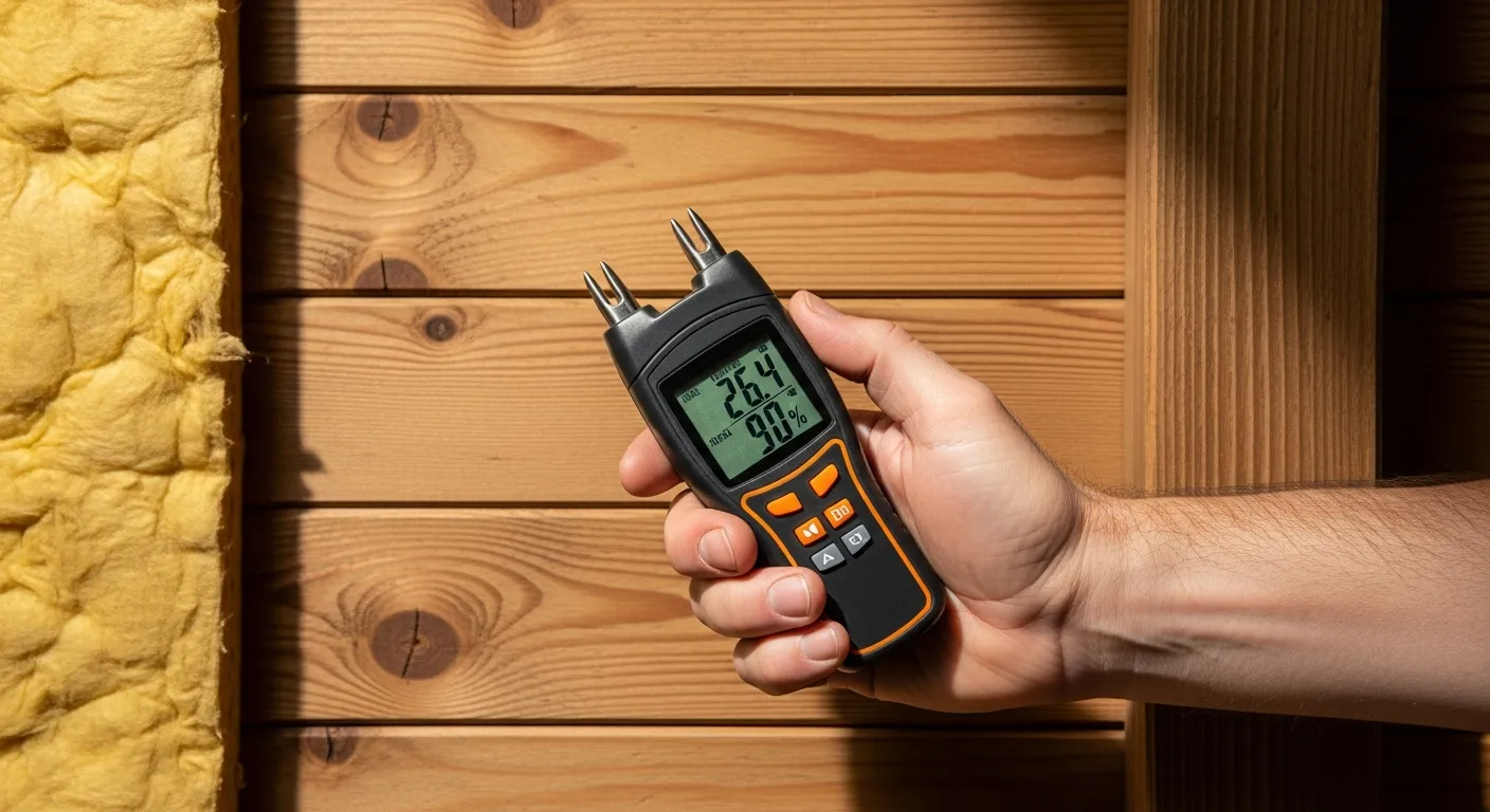 The Moisture Meter Features Two Silver Prongs at the Top, With a Clear LCD Screen Displaying the Readings