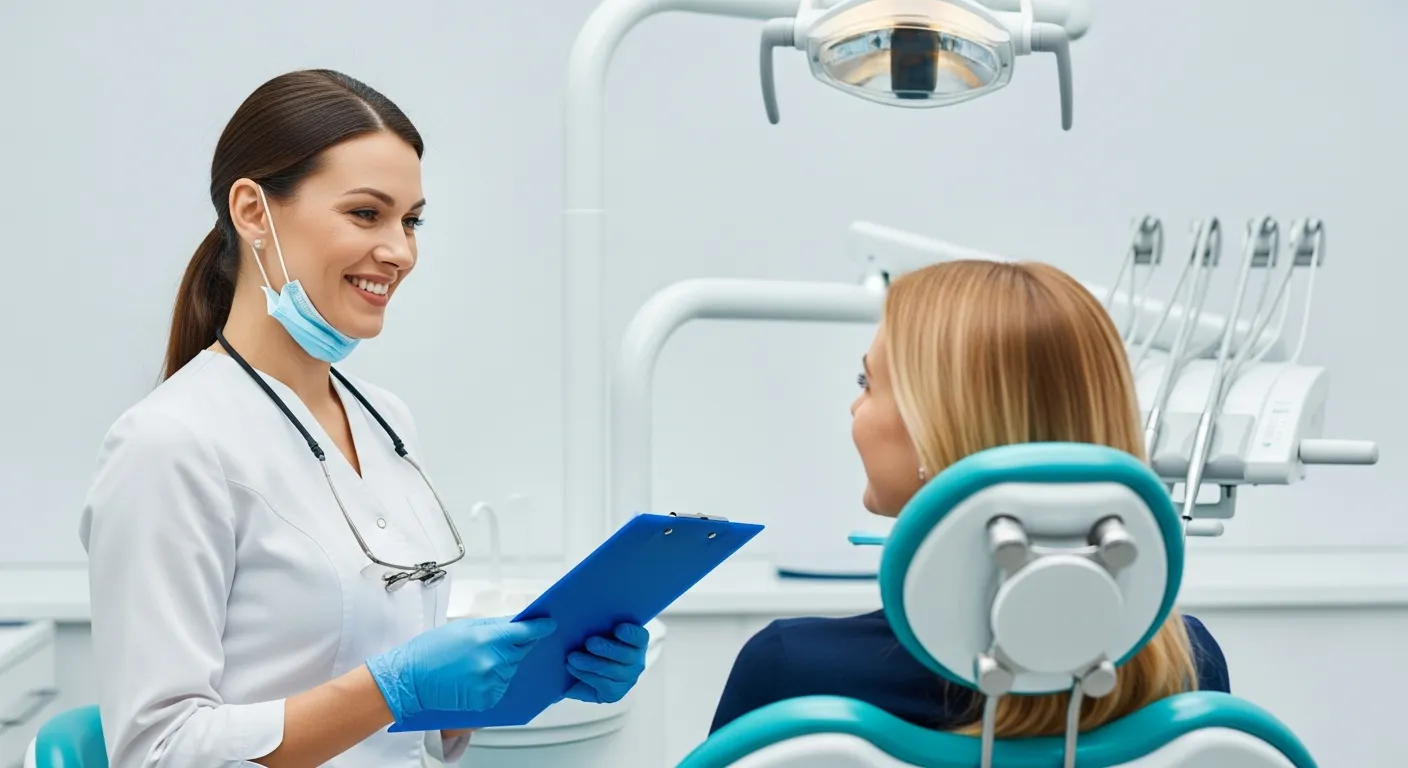 A Female Dentist in a White Coat, Blue Gloves, and Mask, Holding a Blue Clipboard, Talking to a Female Patient in a Teal Dental Chair