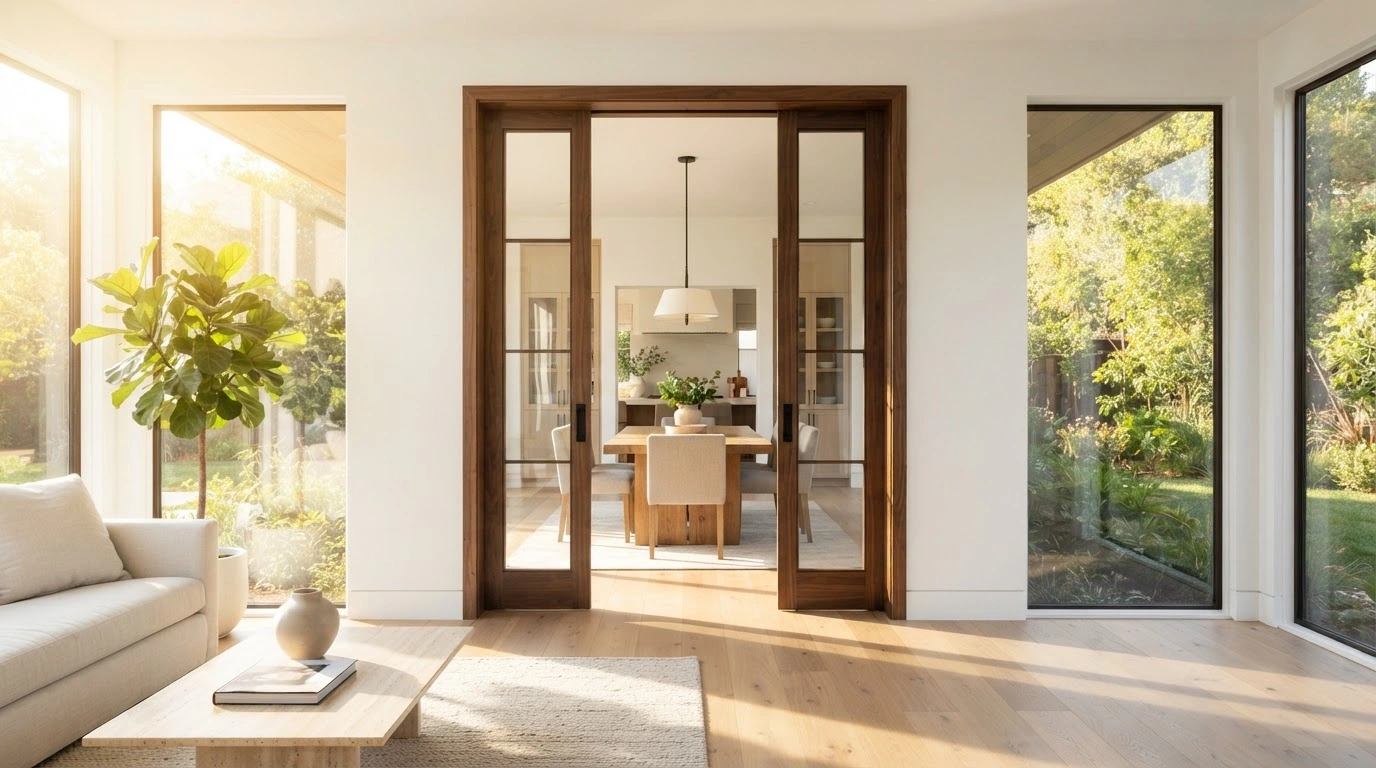 An Elegant, Sleek French-style Doors, Made of Dark Polished Wood and Clear, Expansive Glass Panels