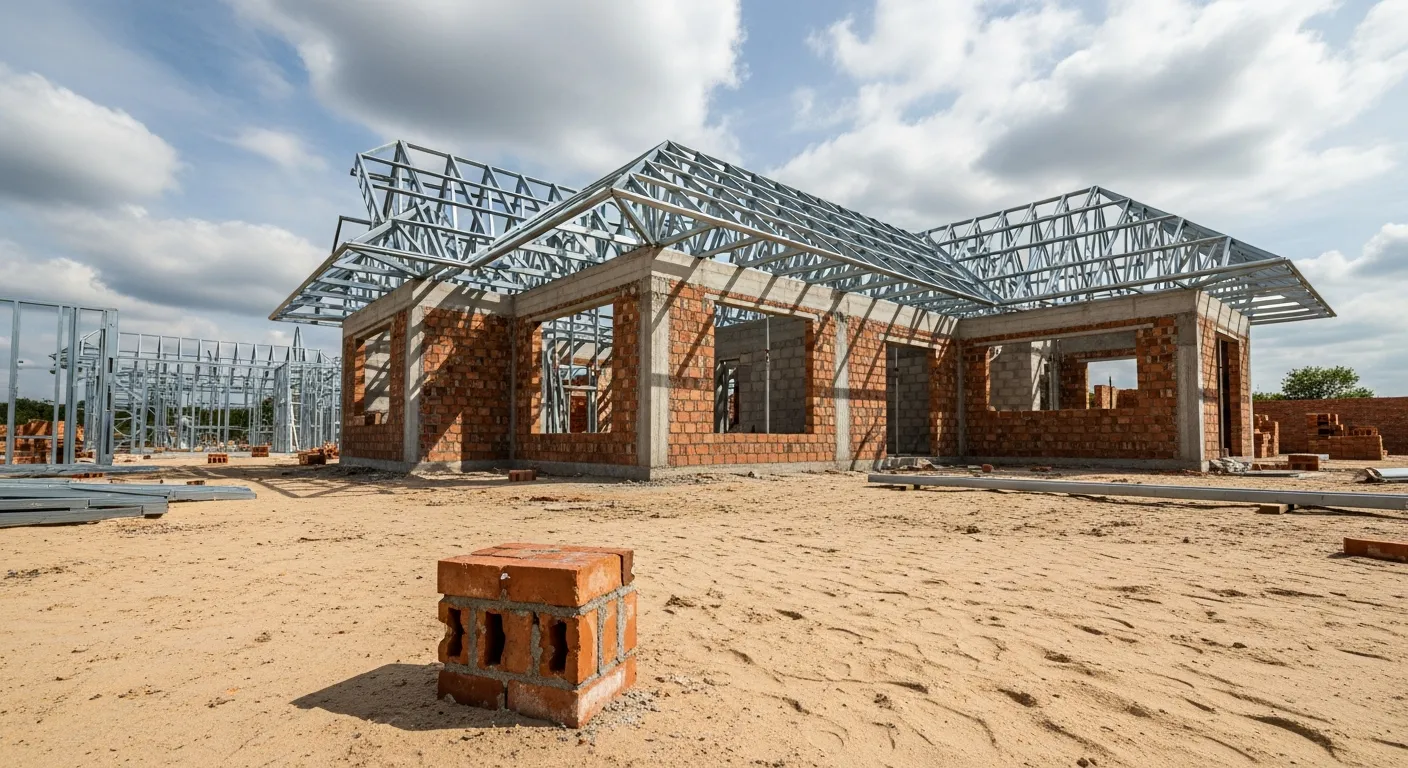 A Modern House Under Construction, Red Brick Walls and an Intricate Steel Frame Roof Structure 