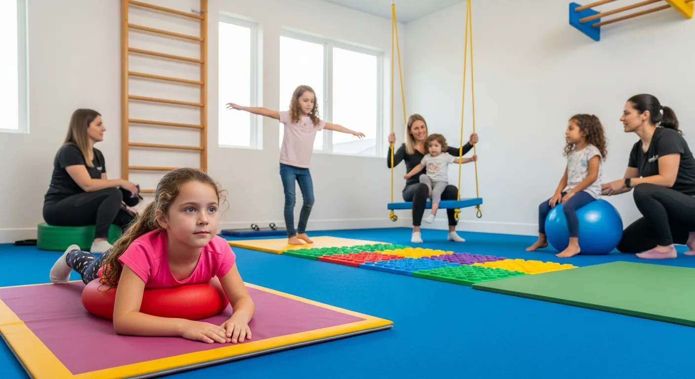 A Girl in a Pink Shirt Lies Prone on a Red Exercise Ball on a Colorful Mat