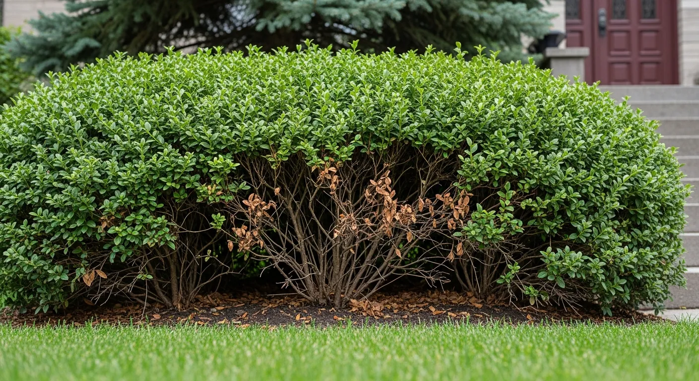 The Lower, Interior Sections Reveal Sparse, Thin, Woody Branches With Some Browning Foliage