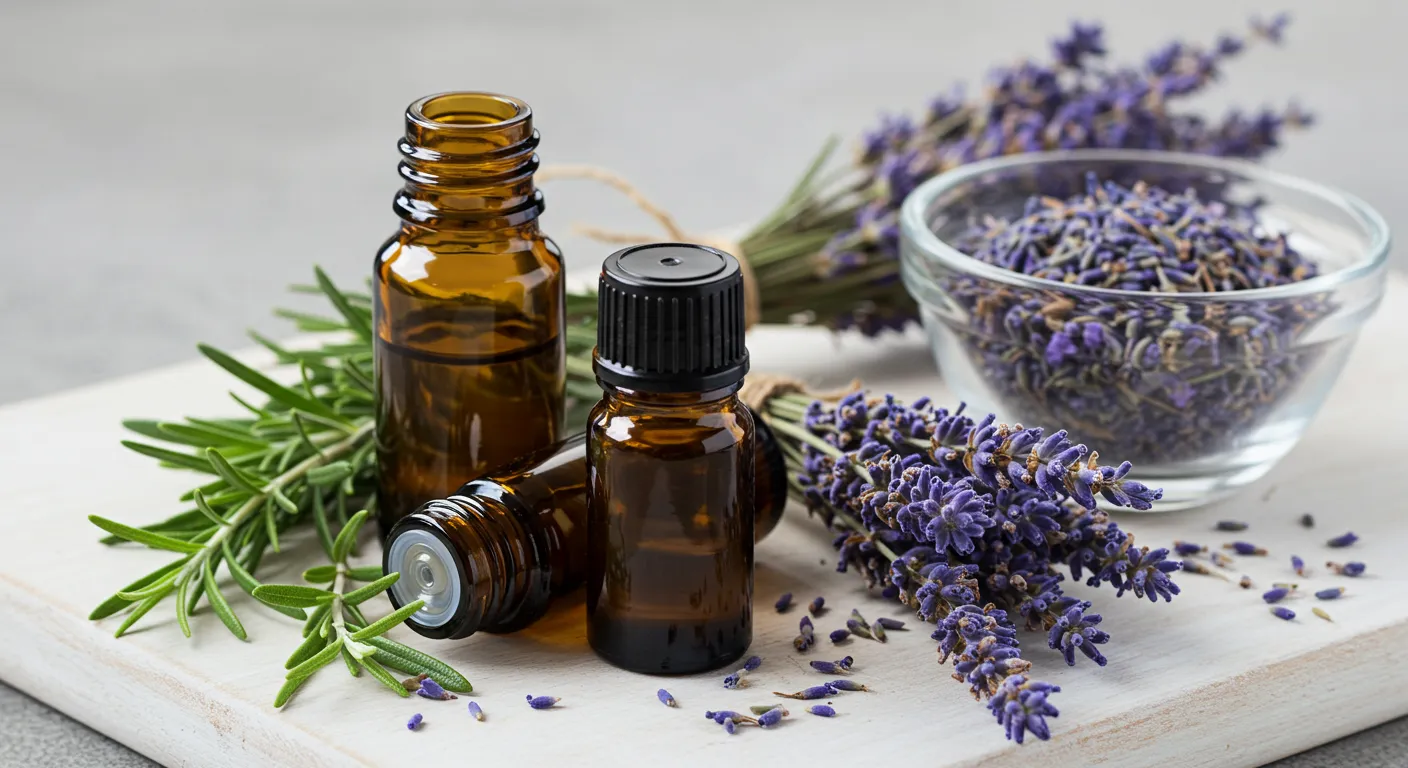 Three Amber Essential Oil Bottles Resting on a White Wooden Cutting Board With Lavender Flowers Three Amber Essential Oil Bottles Resting on a White Wooden Cutting Board With Lavender Flowers