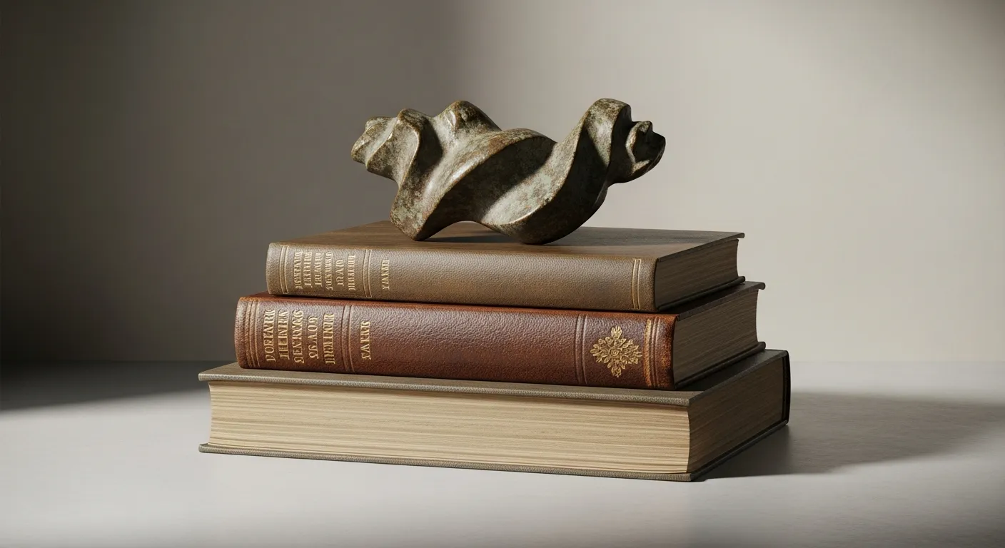 Three Antique Books Are Elegantly Stacked Horizontally With a Vintage, Intricately Detailed Sculpture, is Gracefully Positioned Atop the Uppermost Book
