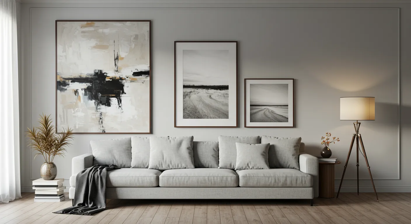 Three Artworks Arranged Above a Modern Sofa Three Artworks Arranged Above a Modern Sofa