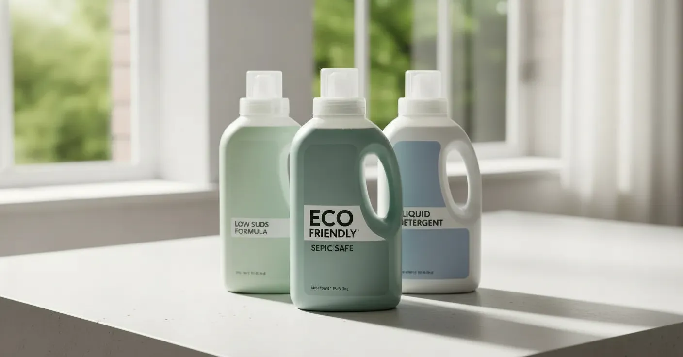 Three Distinct, Modern Liquid Laundry Detergent Bottles Are Elegantly Arranged on a Pristine Countertop