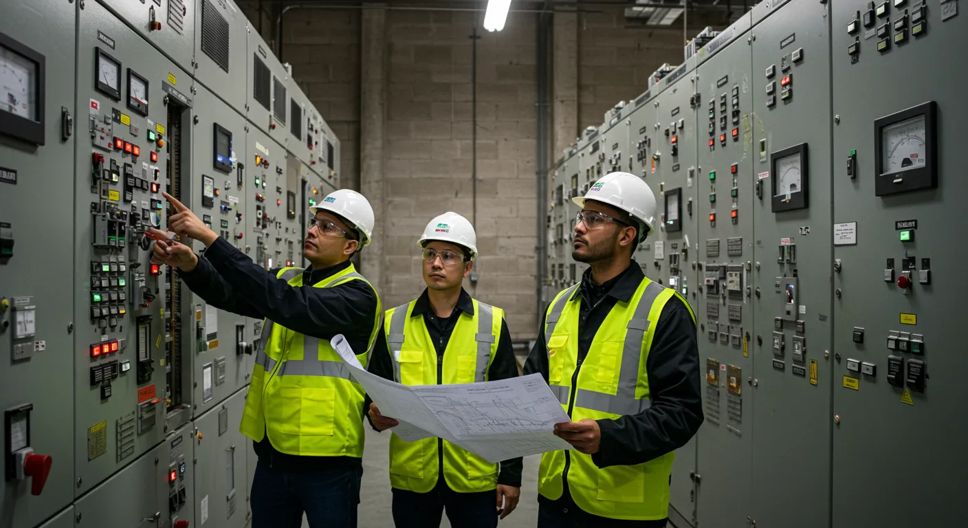 Three Electrical Engineers in a Large Brightly Lit Industrial Room Three Electrical Engineers in a Large Brightly Lit Industrial Room