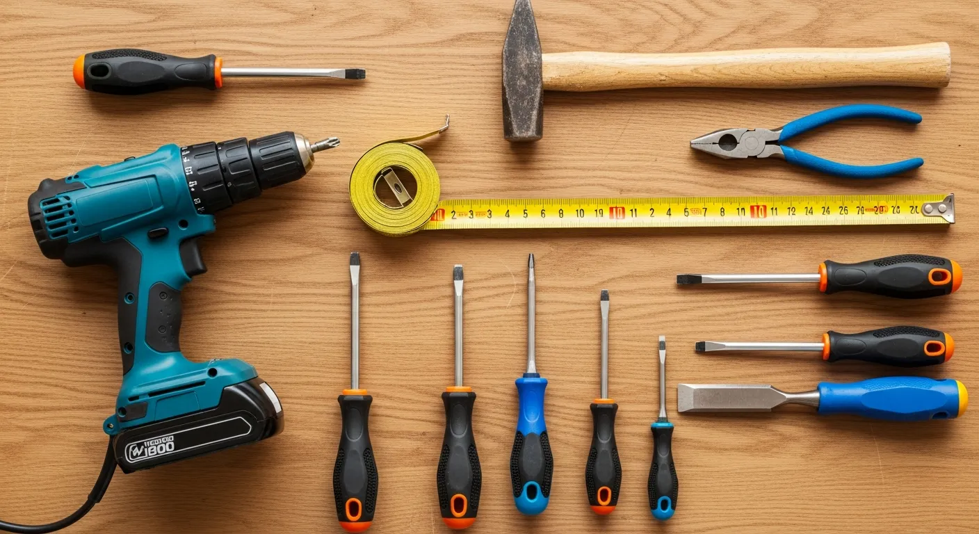 Assorted Hand and Power Tools, Including a Teal Cordless Drill, Yellow Ruler, Hammer, Pliers, Screwdrivers, and a Chisel