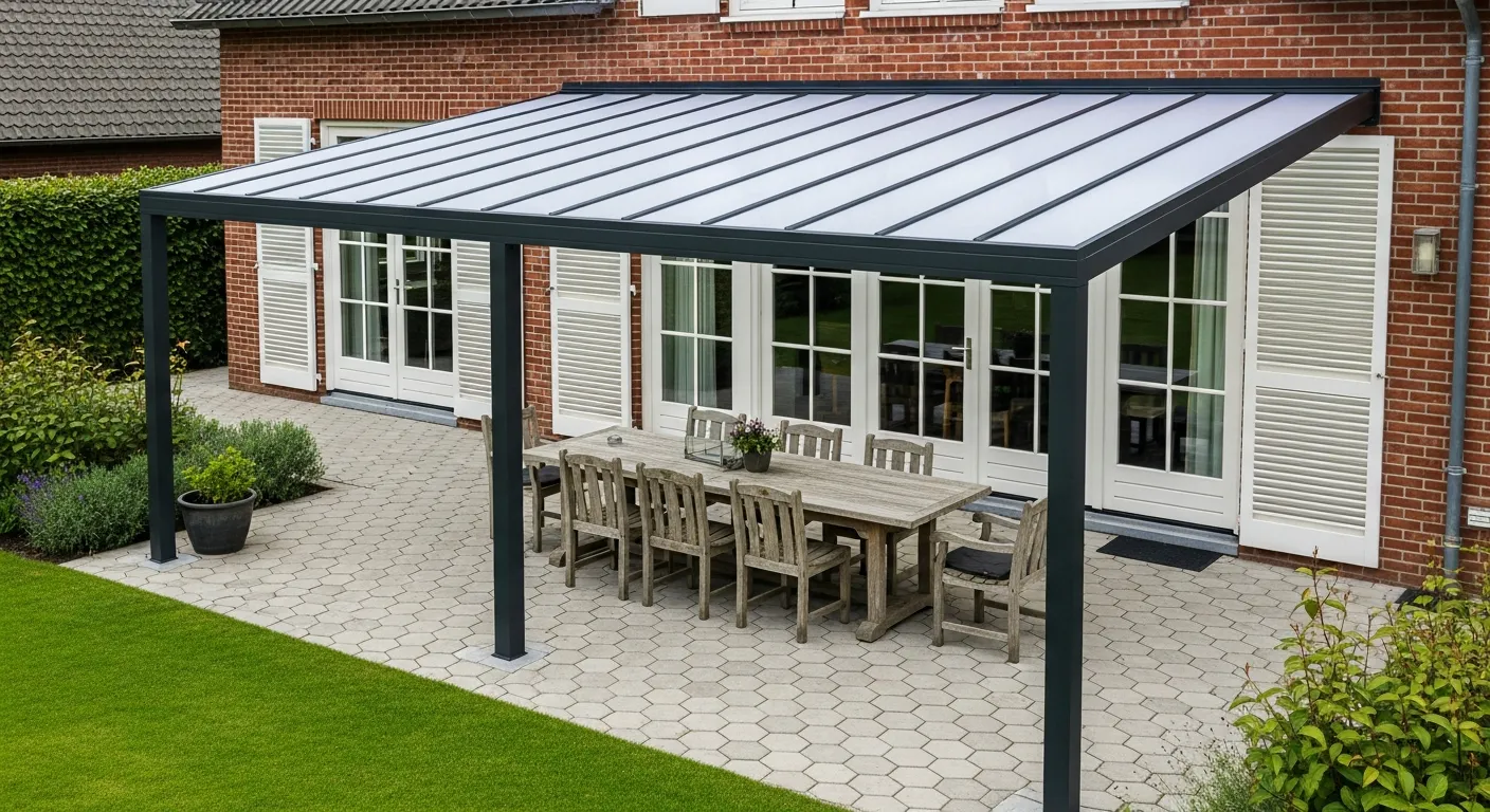 A Modern Black Aluminum Pergola With a Translucent Polycarbonate Roof, Covering a Hexagonal Paved Patio