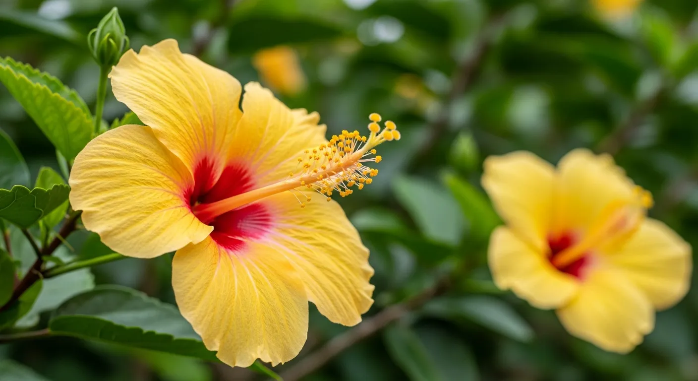 A Vibrant Yellow Hibiscus Flower With a Striking Deep Red Center