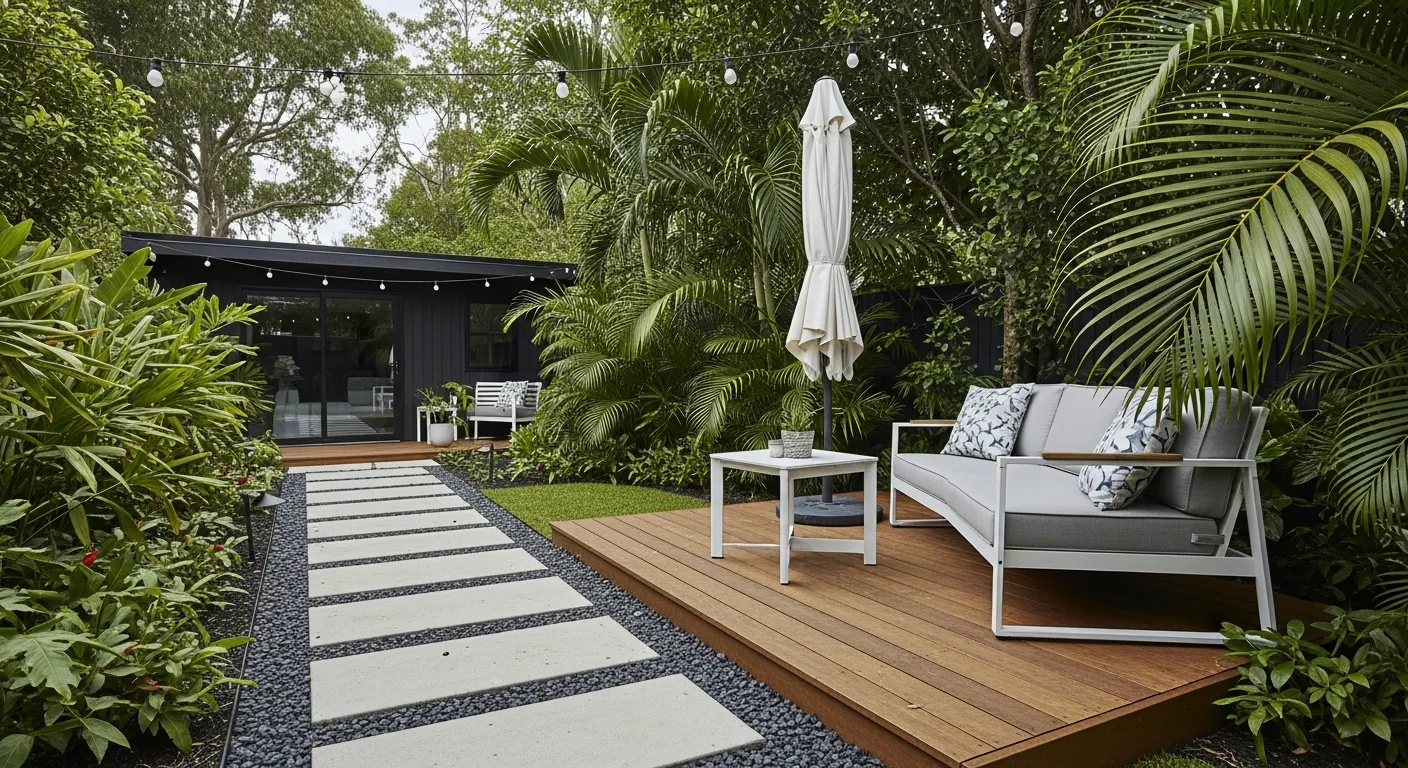 A Modern Wooden Deck With a Light Grey Lounge Chair and Patterned Pillow Sits Next to a Small Table and a Folded White Umbrella