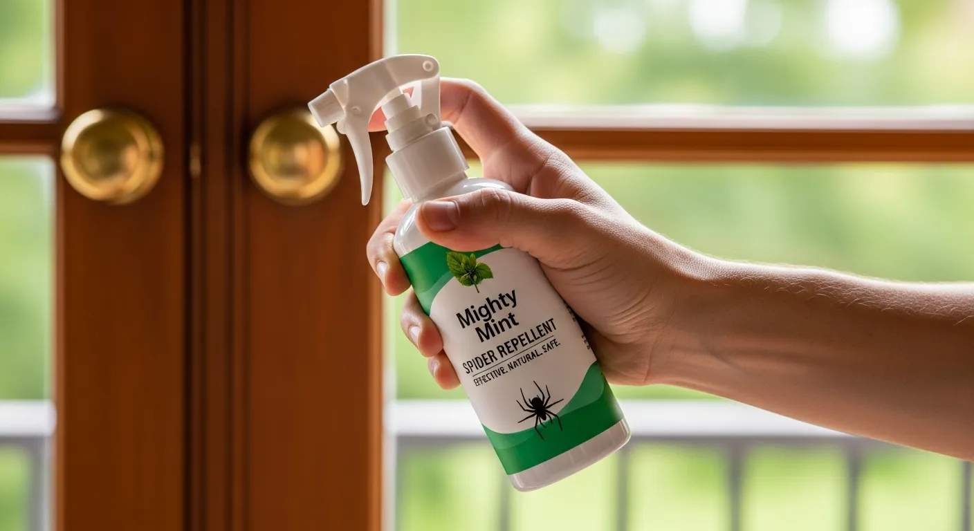 A Man Holding a White and Green 'Mighty Mint Spider Repellent' Spray Bottle