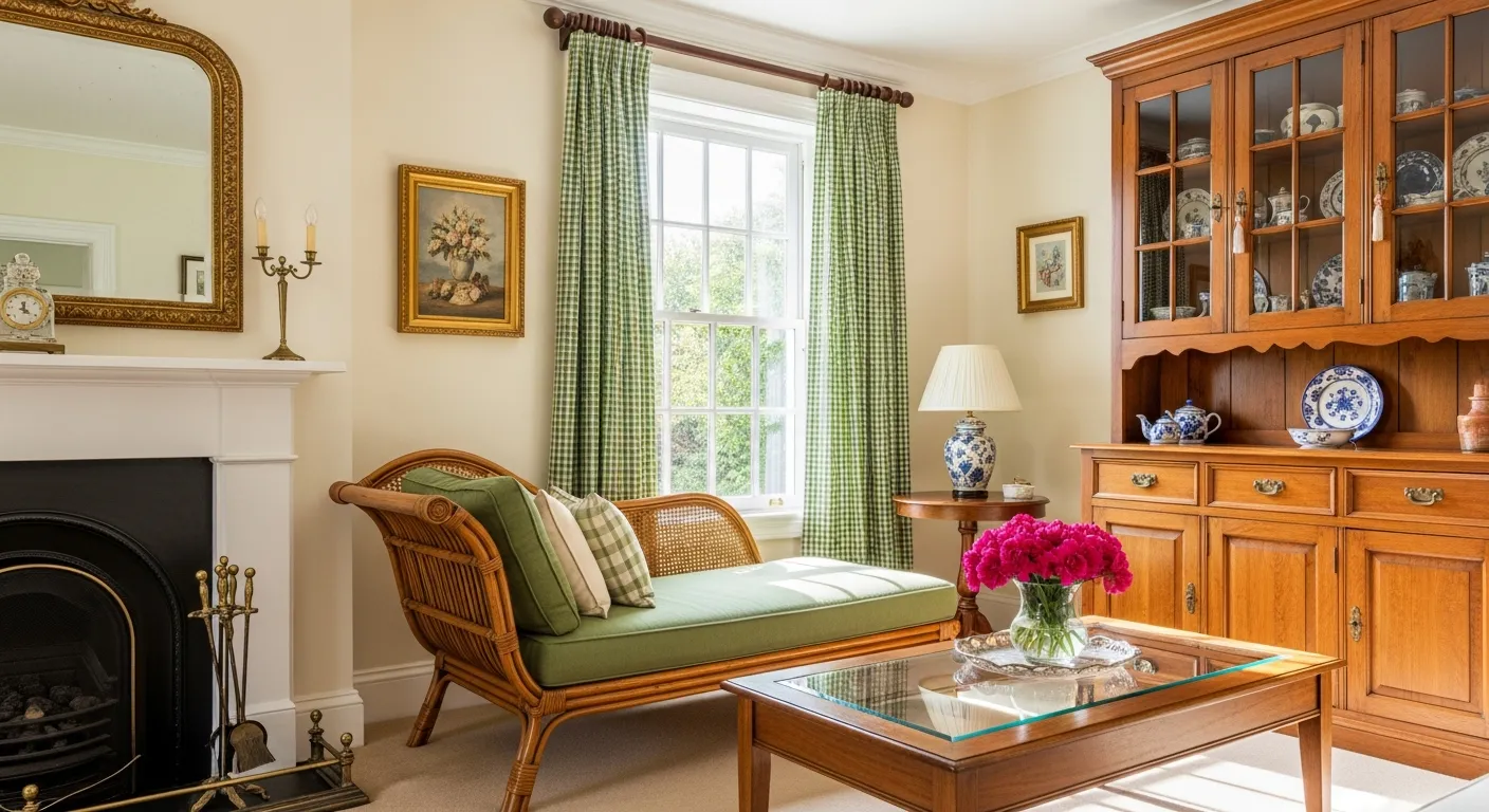 A Large Wooden Hutch is on the Right, and a White Fireplace With an Ornate Gold-framed Mirror