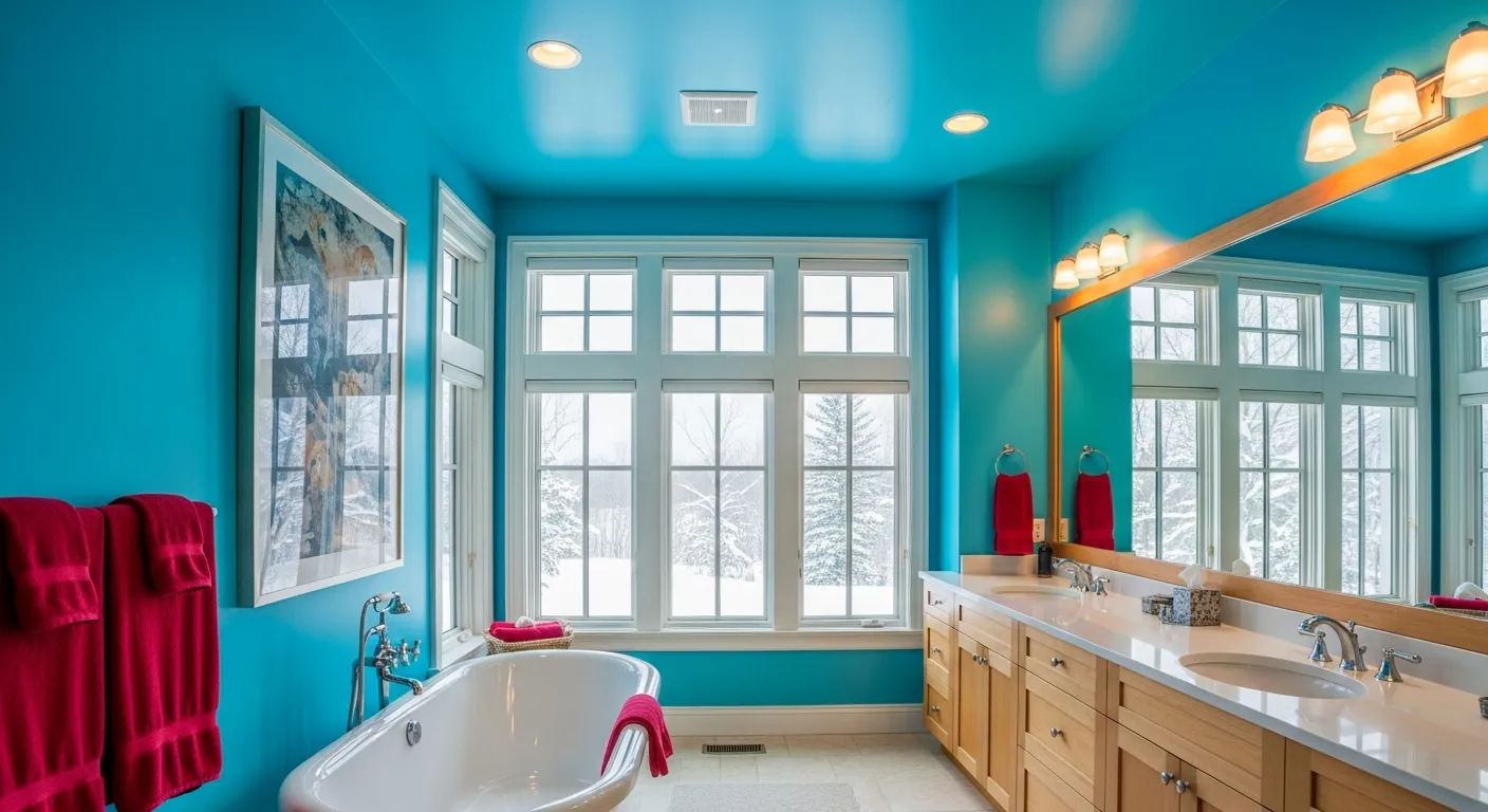 A Spacious Bathroom With Vibrant Turquoise Walls and Ceiling, With Large Multi-pane White Wooden-framed Windows