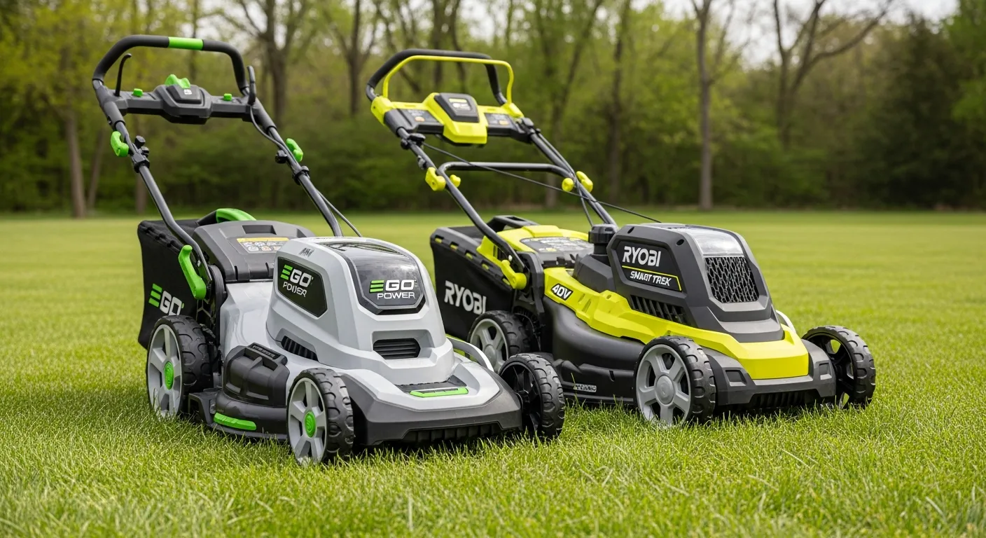 Two Advanced Battery-powered Lawnmowers Arranged Side-by-side