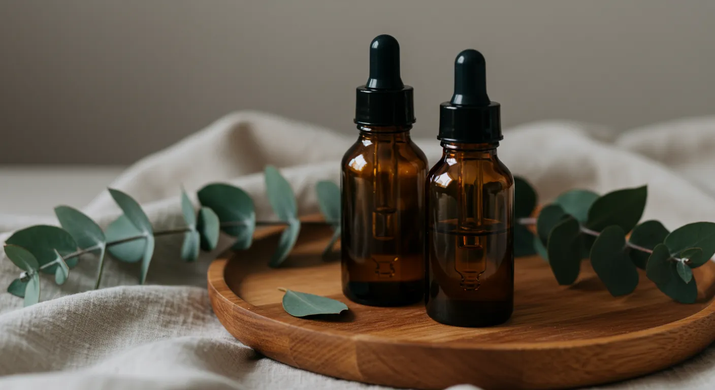Two Amber Glass Dropper Bottles With Eucalyptus Oil on a Round Wooden Tray Two Amber Glass Dropper Bottles With Eucalyptus Oil on a Round Wooden Tray