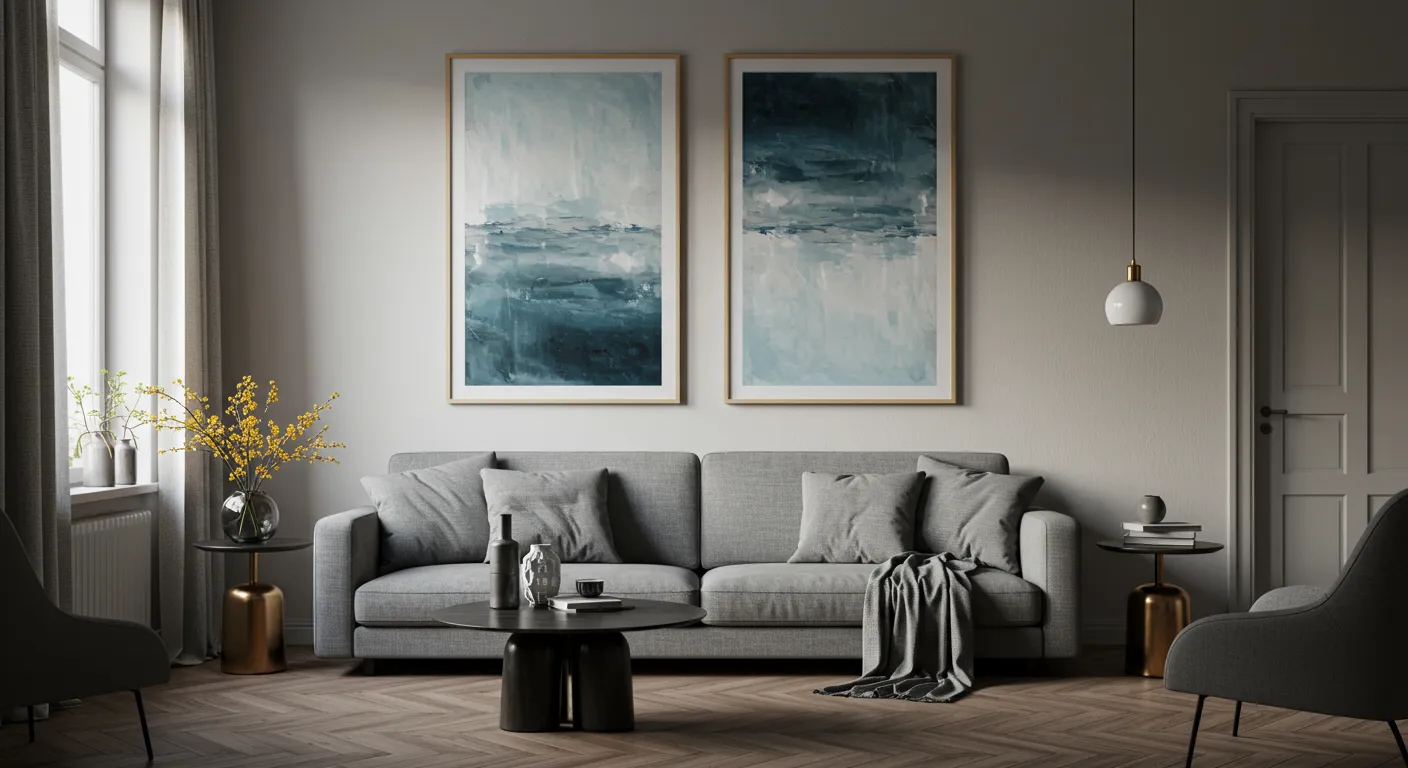 Two Framed Abstract Paintings Hang Symmetrically Above a Modern Gray Couch in a Living Room Two Framed Abstract Paintings Hang Symmetrically Above a Modern Gray Couch in a Living Room
