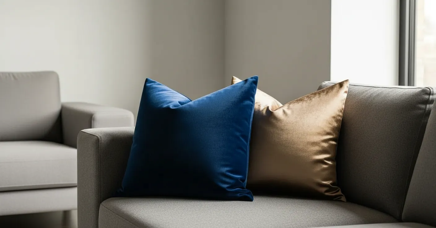 Two Luxurious Throw Pillows in Deep Royal Blue and Antique Gold Silk Artfully Arranged and Slightly Overlapping on a Light Gray Sectional Sofa